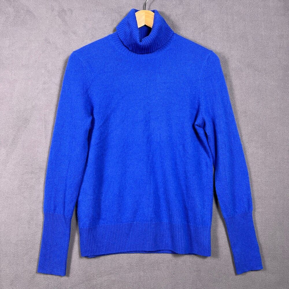Aqua Cashmere Turtleneck Sweater Womens L Dark Sapphire Long Sleeve Ribbed Trim